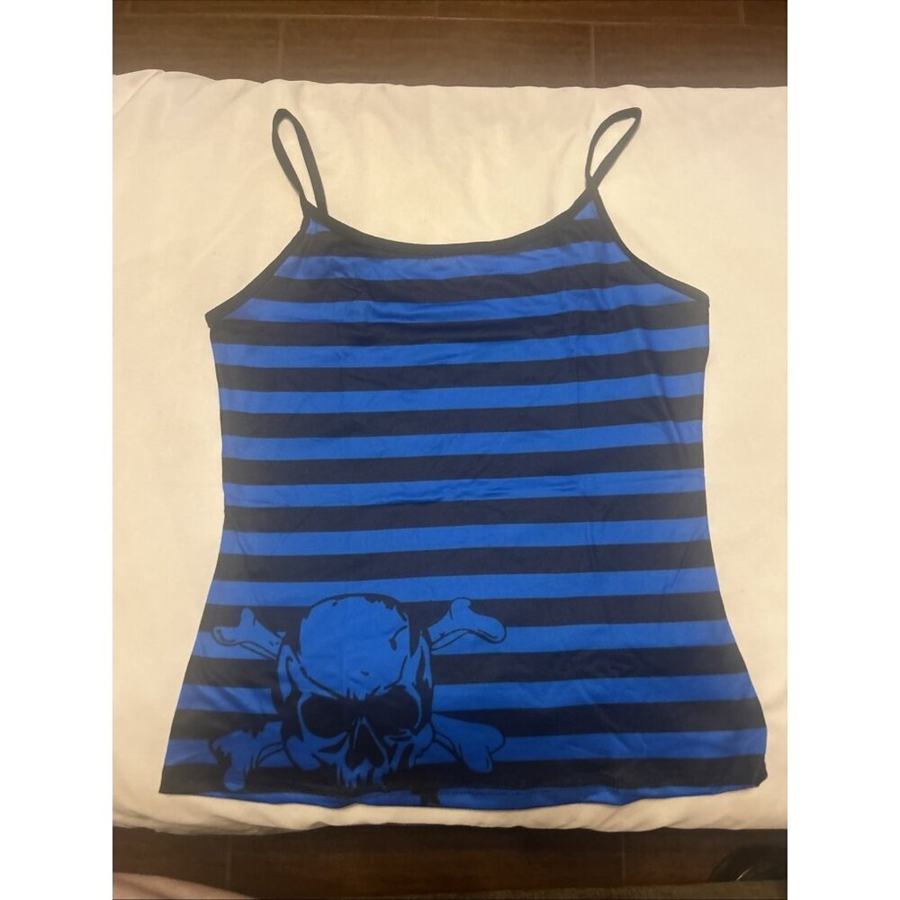 Skull & Bones Size large Blue Black Striped Skull Camisole Top Goth Emo